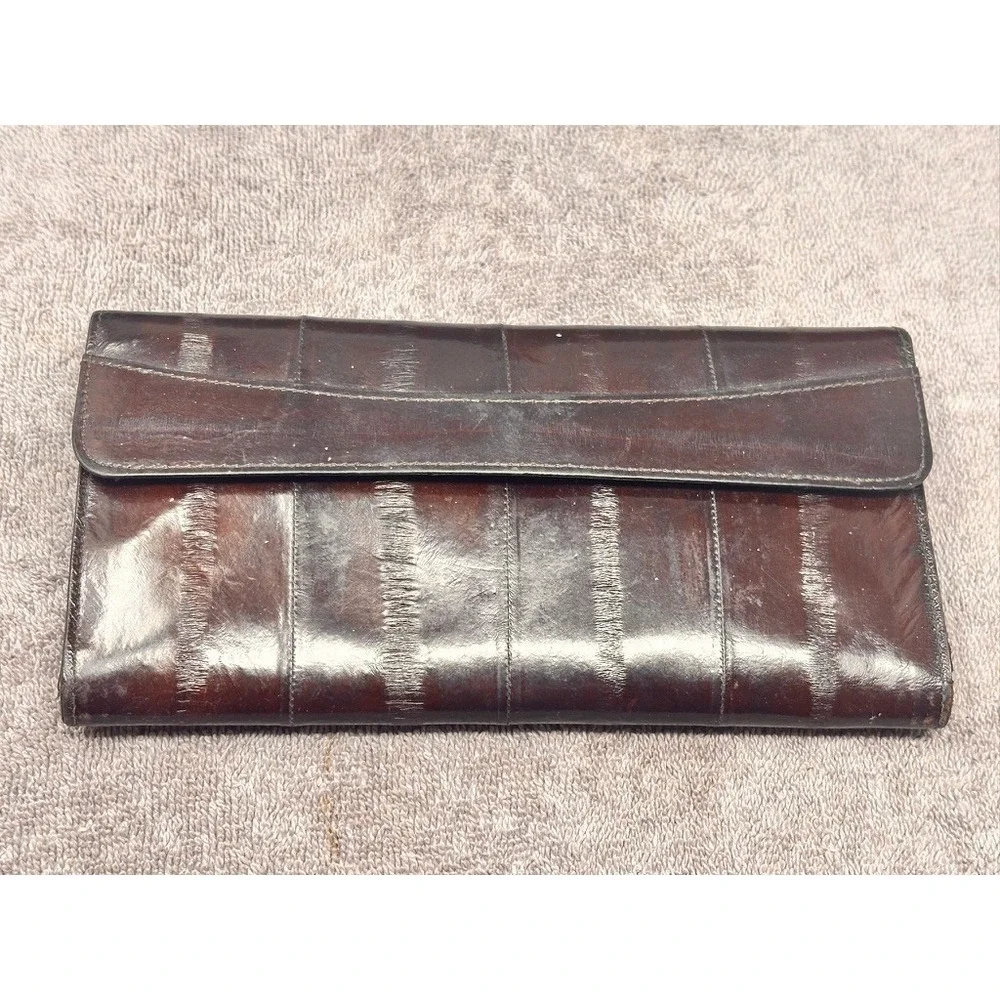 Vintage Genuine Eel Skin Leather Women's Long Wallet Clutch Dark Brown
